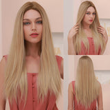 Long Straight Front Lace Wig Lace Part Synthetic Brown Blonde Ombre Middle Part Wig