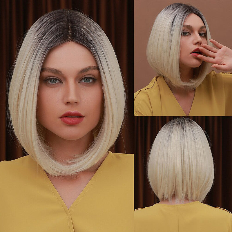 Short Straight Bob Front Lace Wig Black Gradient Gold Natural Middle Part Hair