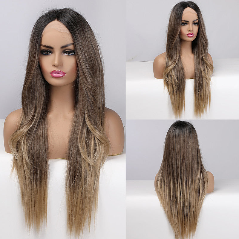 Brown gradient front lace wig long straight hair hand woven lace wig