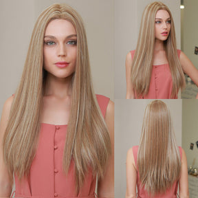 Long straight silky front lace wig brown blonde high density heat resistant synthetic wig