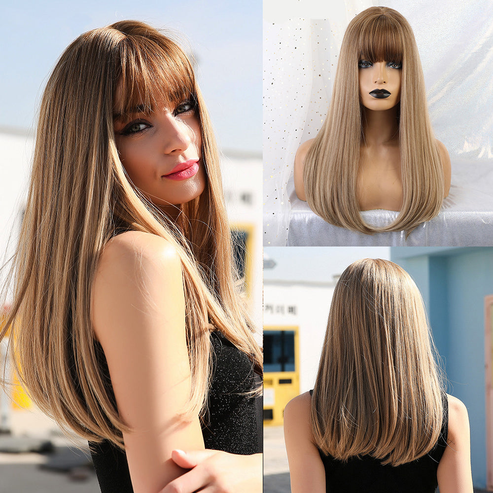 Blonde Synthetic Wig Bangs Long Straight Natural Headline Heat Resistant Hair Cosplay Party Wigs