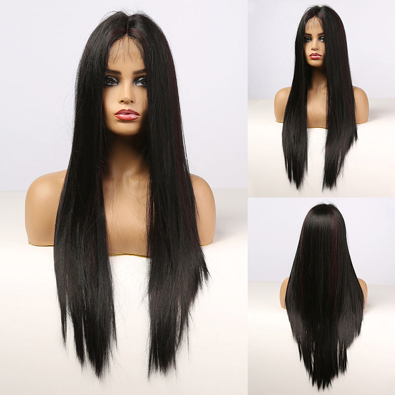 Long Straight Front Lace Wig Heat Resistant Black Highlight Middle Part Lace Part Synthetic Wigs