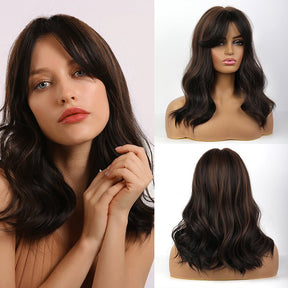 Heat Resistant Synthetic Long Wigs Fiber Natural Wave Mix Brown Bangs