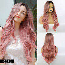Synthetic Long Wig Natural Wave Black Root Ombre Pink Middle Part Wig Heat Resistant Cosplay Party Wig