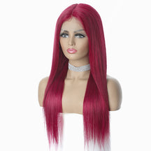 Red Straight human hair wig T-part Small gap lace headgear hand-woven headgear