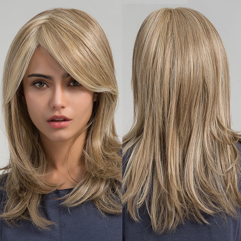 Light Brown Mix Blonde Wigs Synthetic Long Straight Hair with Side Bangs Daily Wear