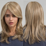 Light Brown Mix Blonde Wigs Synthetic Long Straight Hair with Side Bangs Daily Wear