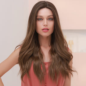 Gradient dark brown front lace wig natural wave long heat resistant fibre lace hair
