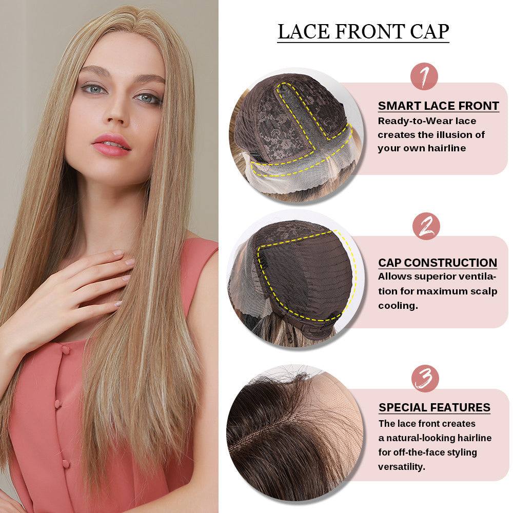 Long straight silky front lace wig brown blonde high density heat resistant synthetic wig