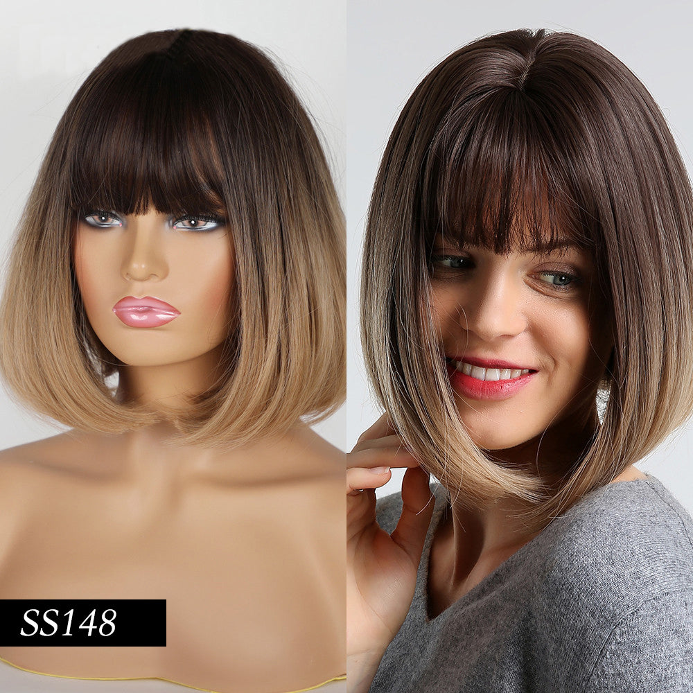 Synthetic Wig Short Straight Ombre Golden Blonde Bob Wigs with Side Bangs Heat Resistant Fiber Wigs