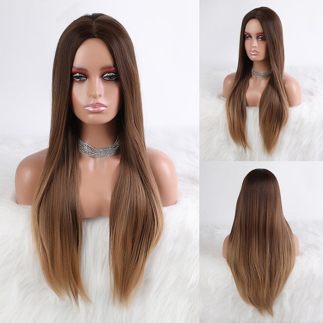 High Temperature Synthetic Ombre Blonde Wig Long Silky Straight Cosplay Wigs with Bangs
