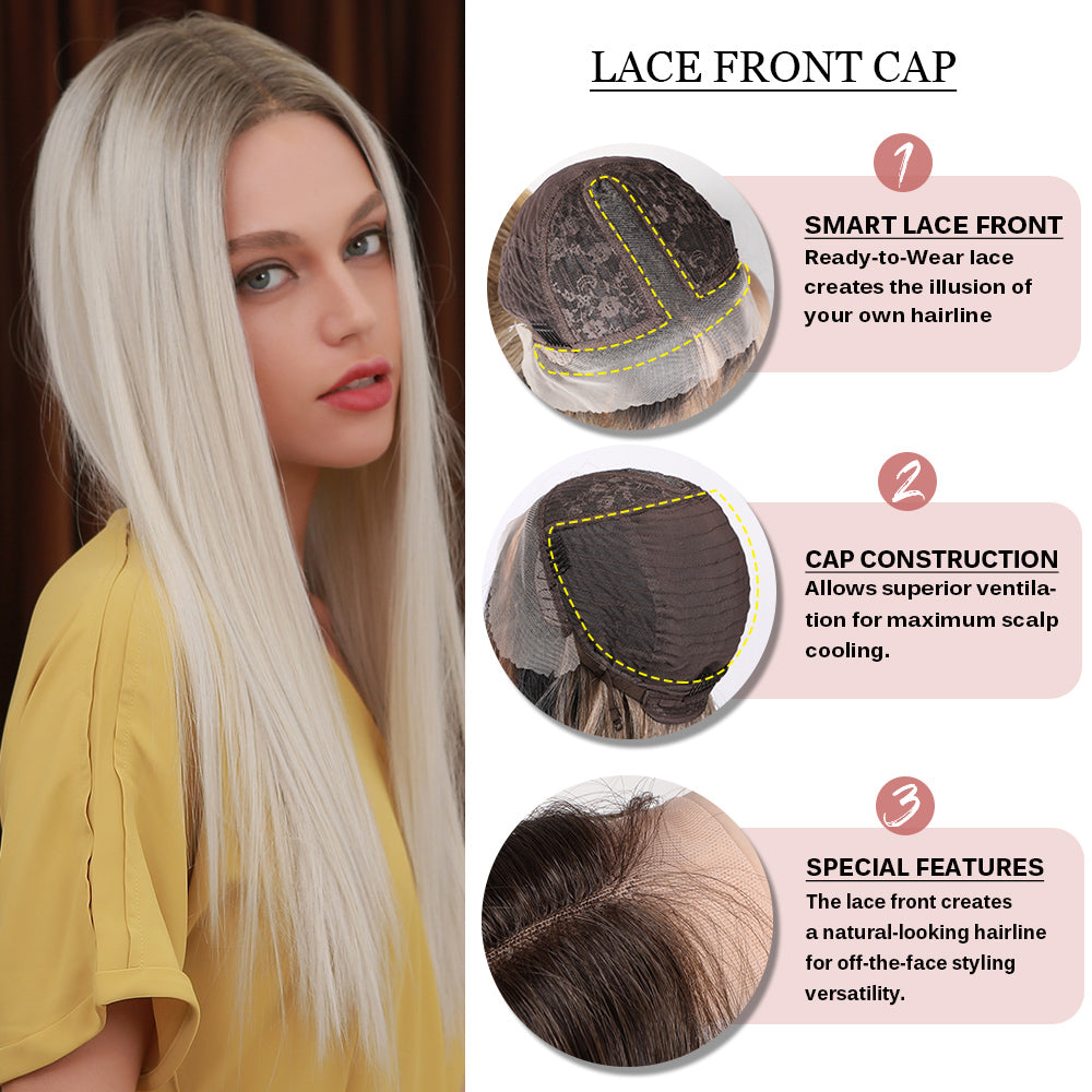 Gradient white gold front lace wig long straight hair