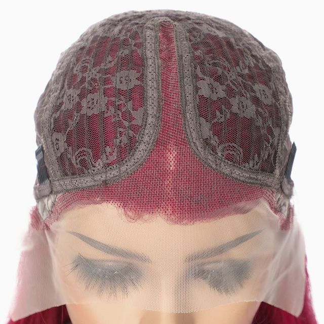 Red Straight human hair wig T-part Small gap lace headgear hand-woven headgear