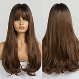 Long Synthetic Wig with Bangs Mixed Brown Color Heat Resistant Fiber Natural Wave Average Wigs