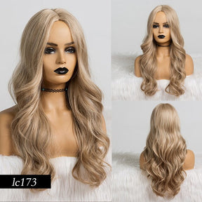 Synthetic Wigs Dark Root Light Brown Ombre Grey Long Wavy Hair Wigs Center Part