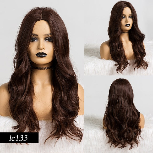 Synthetic Wigs Dark Root Light Brown Ombre Grey Long Wavy Hair Wigs Center Part