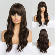 Long Synthetic Wig with Bangs Mixed Brown Color Heat Resistant Fiber Natural Wave Average Wigs