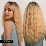 Heat Resistant Fiber Long Water Wave Hair Synthetic Ombre Blonde Golden Wigs with Air Bangs Cosplay Party Wig