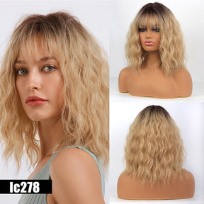 Synthetic Water Wave Wigs Medium Length Ombre Golden Blonde with Air Bangs