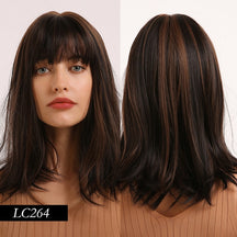 Medium Length Synthetic Wigs Long Straight Brown Mix Golden Neat Bangs