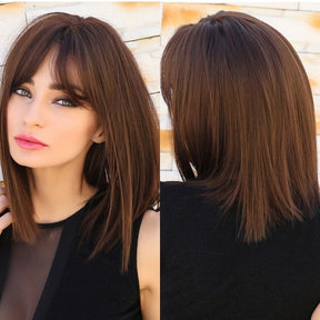 Medium Length Synthetic Wigs Long Straight Brown Mix Golden Neat Bangs