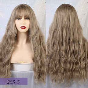 Long Synthetic Water Wave Wigs with Bangs Dark Brown Ombre Grey Wigs Cosplay Heat Resistant Fiber False Hair