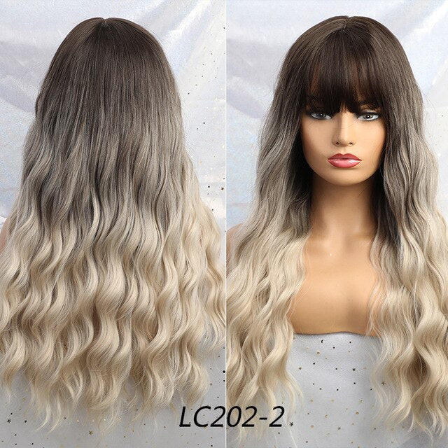 Long Synthetic Water Wave Wigs with Bangs Dark Brown Ombre Grey Wigs Cosplay Heat Resistant Fiber False Hair