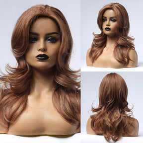 Heat Resistant Fiber Long Wavy Wigs with Side Bangs Synthetic Brown Mix Blonde Wigs