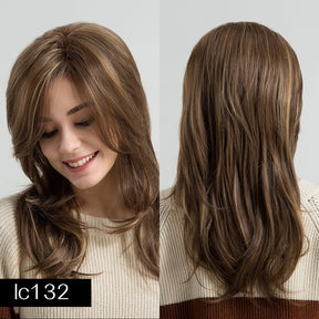 Heat Resistant Fiber Long Wavy Wigs with Side Bangs Synthetic Brown Mix Blonde Wigs