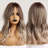 Heat Resistant Synthetic Long Wigs Fiber Natural Wave Mix Brown Bangs