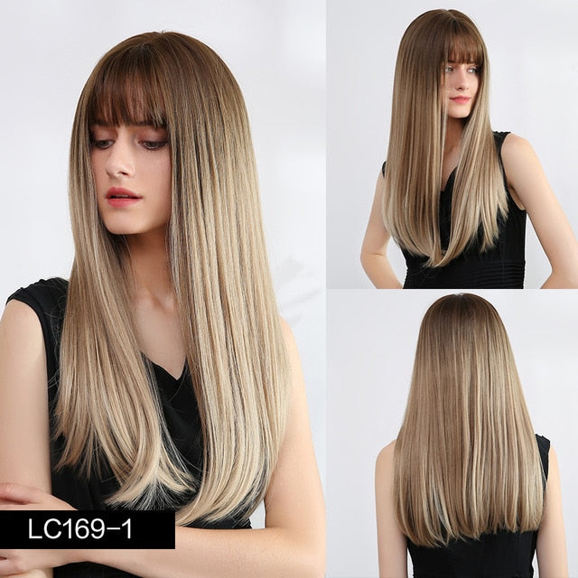 Synthetic Wig Long with Bangs Dark Root Ombre Color Natural Headline Heat Resistant Hair Wigs