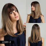 Synthetic Wig Long with Bangs Dark Root Ombre Color Natural Headline Heat Resistant Hair Wigs