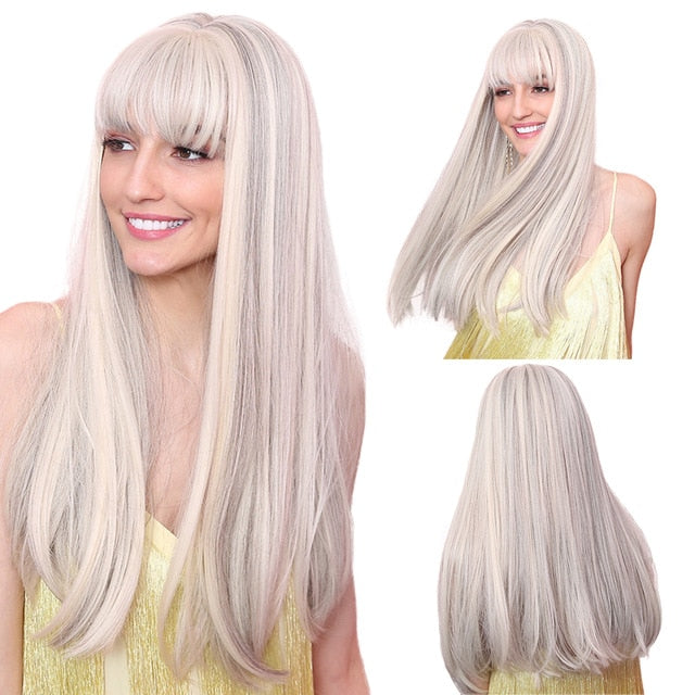 Synthetic Wig Long with Bangs Dark Root Ombre Color Natural Headline Heat Resistant Hair Wigs