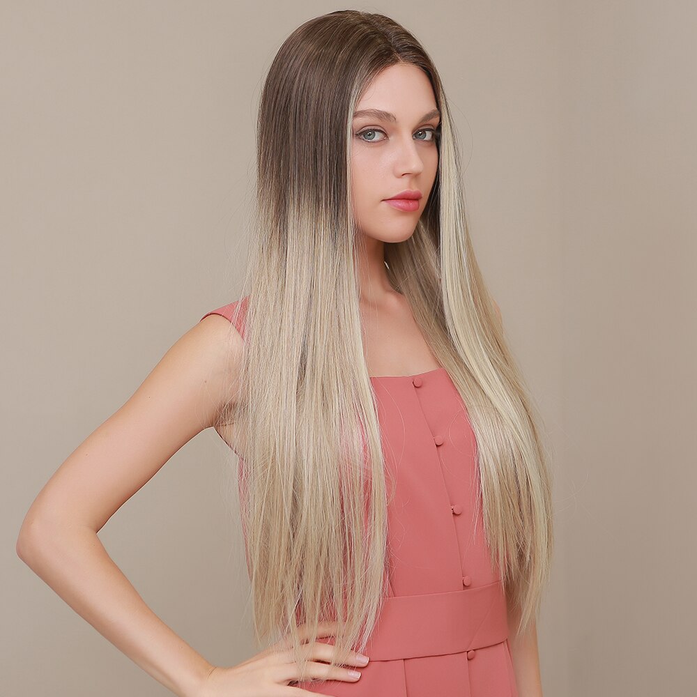 Gradient gold front lace wig long straight wig brown to blonde wigs