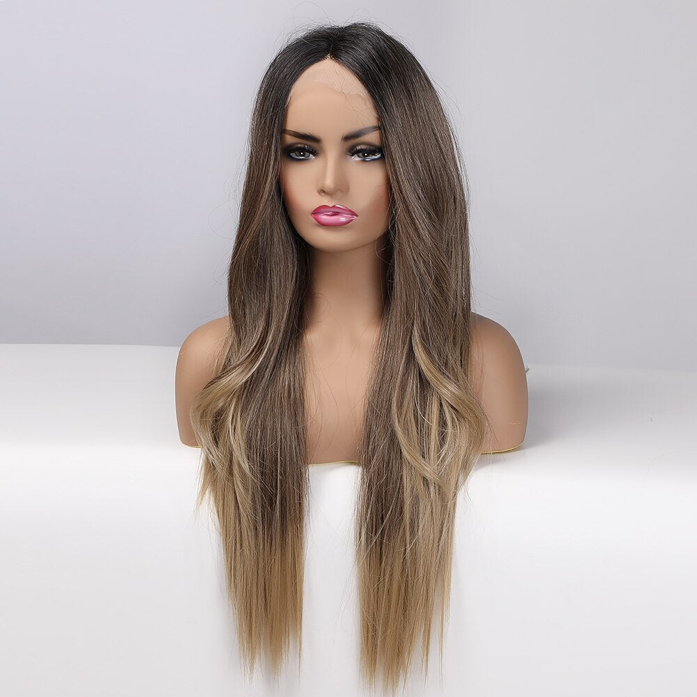 Brown gradient front lace wig long straight hair hand woven lace wig