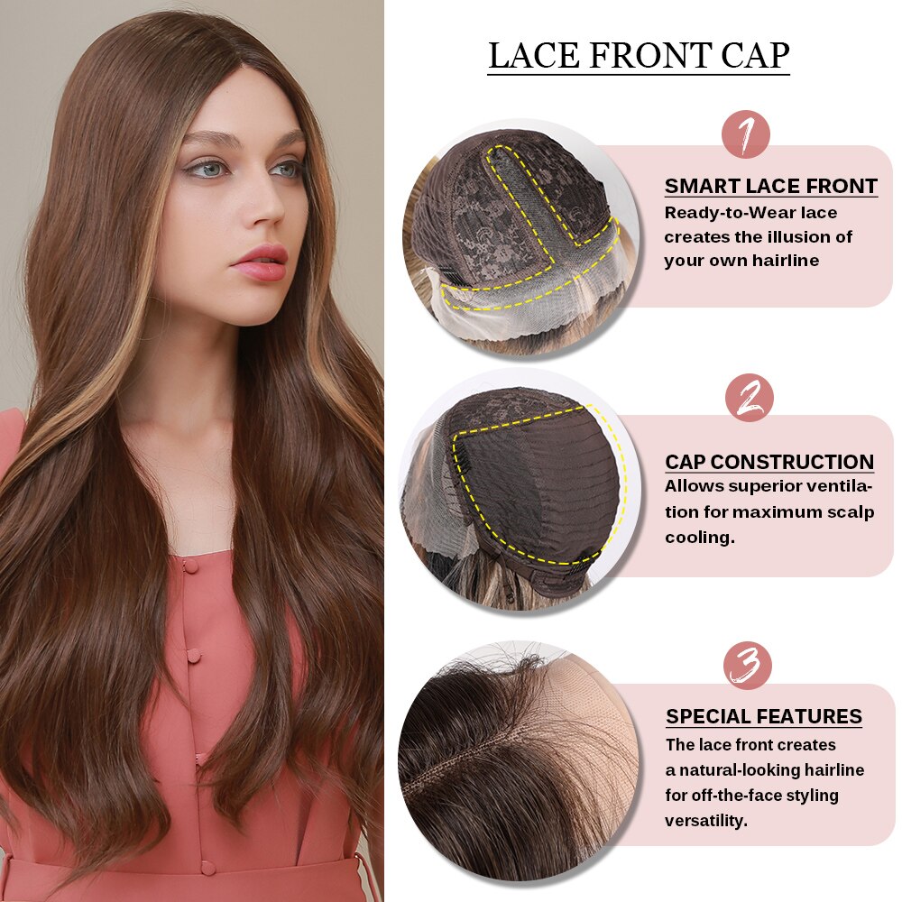 Brown Front Lace Wig Synthetic Hair Long Wavy Lace Wig