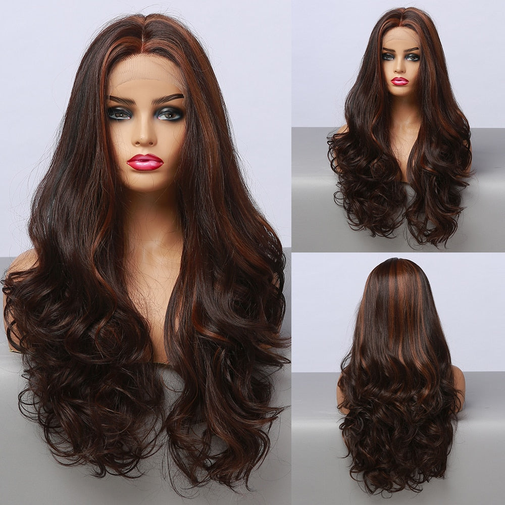 Long Wavy Roll Front Lace Wig Lace Part Synthetic Hair Black Brown Highlight Lace Wigs