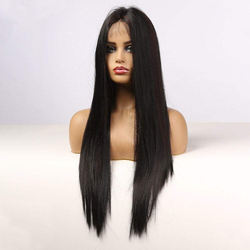 Long Straight Front Lace Wig Heat Resistant Black Highlight Middle Part Lace Part Synthetic Wigs